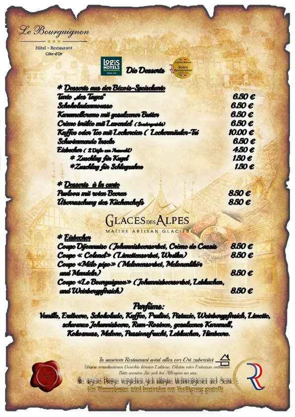 Gourmet-Dessertkarte zum Genießen in einer warmen und gemütlichen Atmosphäre im hotel restaurant Le Bourguignon-21310 bèze cote d'or bourgogne