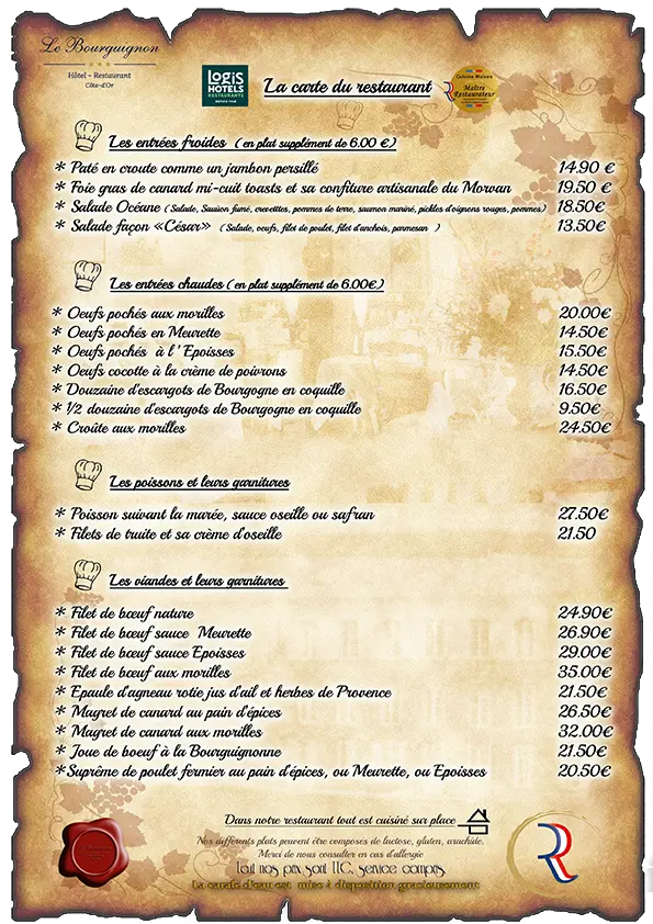 La carte du restaurant Le Bourguignon, situé dans l'un des plus beau village de France, joliement conservé et qui offre une pause gourmande aux voyageurs du nord de l'europe, en provenance de Belgique, hollande, allemagne, luxembourg, et angleterre