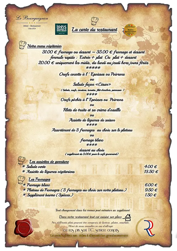 Menu vegan de l'hôtel-restaurant Le Bourguignon -21310 Bèze Cote d'Or Bourgogne