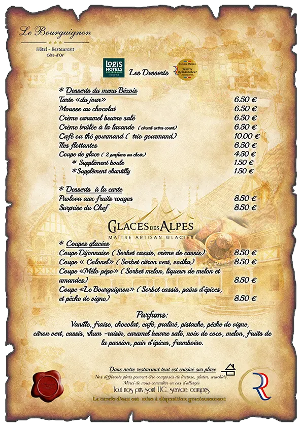 Carte des desserts de l'Hôtel Restaurant Le Bourguignon  vous offrant ses services de traiteur, ou de location de salle