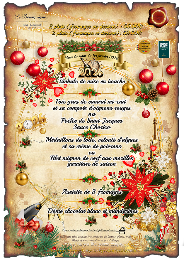 Menu gastronomique du 1er janvier 2024 du restaurant Le Bourguignon -21310 Béze -service traiteur et location de salles