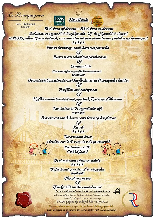Bézoismenu van het hotel-restaurant Le Bourguignon dat u de gelegenheid biedt de gastronomie van de Bourgogne te proeven 