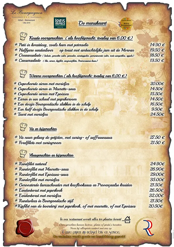 Het menu van het restaurant Le Bourguignon, gelegen in een van de mooiste dorpen van Frankrijk, prachtig bewaard gebleven en dat een gastronomisch verblijf biedt aan reizigers uit het noorden van Europa, afkomstig uit België, Nederland, Duitsland, Luxemburg en Engeland.