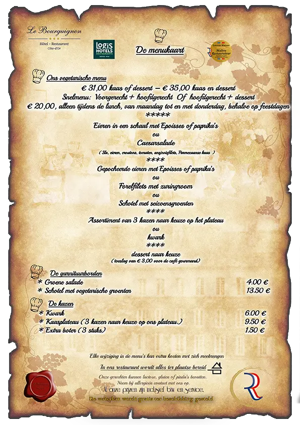 Veganistisch menu van het hotel-restaurant Le Bourguignon -21310 Bèze Cote d'Or Bourgogne