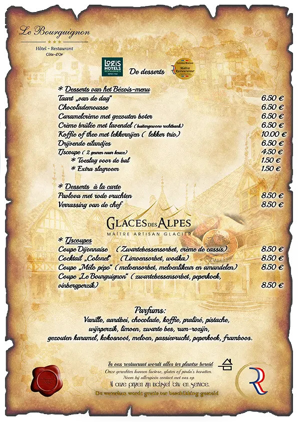 Dessertmenu van Hotel Restaurant Le Bourguignon dat u zijn cateringdiensten aanbiedt, of zaalverhuur
